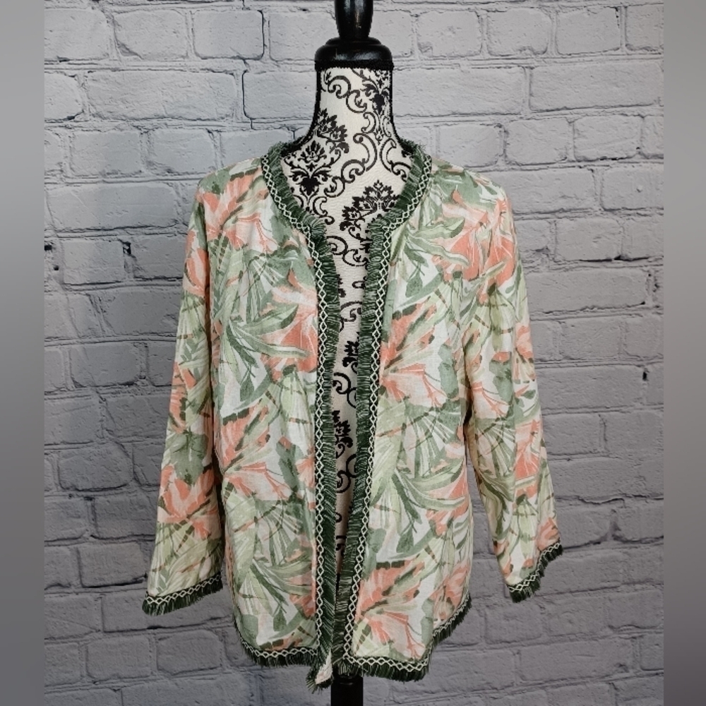 Chico's women's long sleeve floral print linen blend open front cardigan sz 2 b3